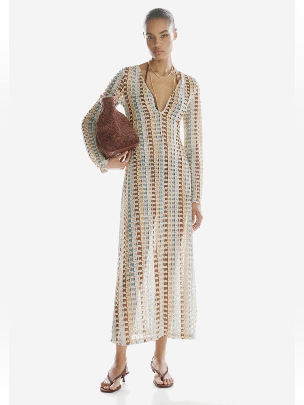 H&M NWT LIGHT BEIGE PATTERNED CROCHET-LOOK MAXI DRESS SIZE SMALL